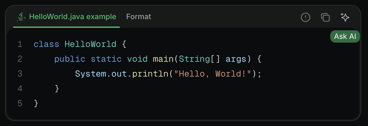 The Ask Assistant button in a code block in dark mode.